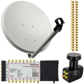PremiumX Satelliten-Komplettanlage 80cm Satellitenschüssel Hellgrau 5/16 Multischalter Quattro LNB 40x F-Stecker, 1 SAT 16 Teilnehmer