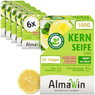 AlmaWin® Kernseife mit zartem Zitronenduft [6x 100g] - Stückseife für sanfte Hautreinigung - Vegane Seife Bio für gründliche Reinigung in Haushalt & Werkstatt - Kernseife Zitrone, Seife
