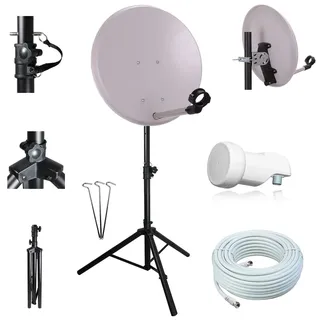 Camping SAT Anlage mit STATIV – 40cm SAT-Spiegel inkl. Single LNB, 10m Koaxialkabel & Dreibein-Stativ – Mobile Satellitenanlage für Camping, Wohnmobil & Caravan – HD Full Sat Schüssel für unterwegs