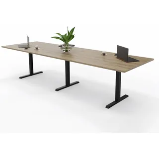 Konferenztisch Elba I Breite 3200-4800 mm | Braun |Natureiche Dekor/Stahl| Höhe 740 mm | Tiefe 1000 mm| Tonnenform | Theo