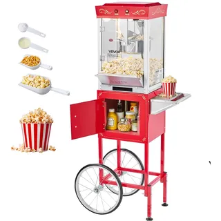 Vevor Popcornmaschine Popcornautomat mit Kessel & Wagen, 800 W kommerzieller Popcornmaker, 48 Tassen pro Ladung, mit 2-Tasten-Bedienung, Glaswand, PC-Tür, 1 Portionierer, 3 Löffel, Rot