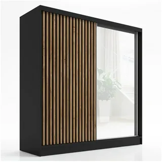 A&J MöbelLand Schwebetürenschrank LINA 2-türig Schrank 200 cm mit Spiegel Schwarz