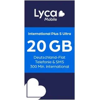 Lyca Mobile International Plus S Ultra 4G/5G Prepaid Simkarte EU Roaming Prepaidkarte, (Deutschland-Flat plus 300 internationale Minuten in 100 Länder)