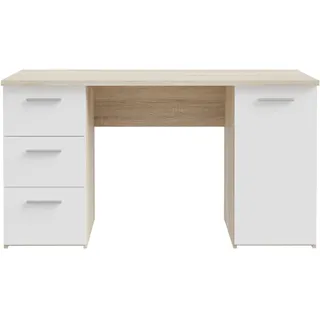 Forte Schreibtisch 140, Schreibtisch mit 1 Tür und 3 Schubladen, Computertisch, Büromöbel, Home Office Möbel, Holzwerkstoff, Sonoma Eiche Holzdekor/Weiß, 138 cm breit x 75 cm hoch x 60 cm tief