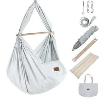 SCHMUSEWOLKE Federwiege Air Grey Komplett-Set - Hängematte für Babys und Kleinkinder ab Geburt bis 3 Jahre - Bio-Baumwolle - Mit Schafwollmatratze