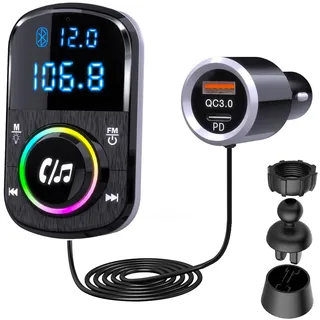 GizmoVine Bluetooth Adapter Auto, FM Transmitter, Unterstützt Freisprechen/QC3.0 und PD-Schnellladegerät/Umgebungslicht/Selbstklebende Basis und Clip mit 1.1-Kabel – BT/TF-Karten-Musikplayer