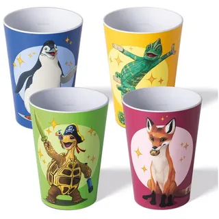 awave Die Schule der Magischen Tiere Kinder Trinkbecher Set 4-teilig 250 ml rPET, Fuchs Rabbat Pinguin Juri Schildkröte Henrietta Chamäleon Caspar, Kinderbecher BPA Frei Stapelbar Mehrweg Eichstrich