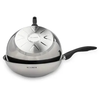 KLAMER Edelstahl Wokpfanne Induktion 28 cm, hochwertige Profi Edelstahlpfanne, Induktionspfanne antihaftbeschichtet, backofenfest & spülmaschinengeeignet