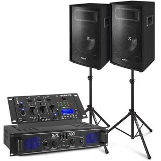 SkyTec - DJ Lautsprecher Set, Mobile PA Anlage Komplettset 700 Watt, mit Mischpult, Verstärker, Stativen und Kabeln, DJ Set Komplett, 12 Zoll DJ Boxen Set, 8 Ohm PA System, DJ Anlage für Beginner