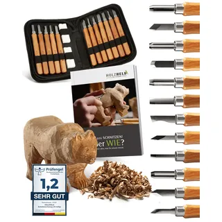 HOLZHELD Schnitzwerkzeug Set (16-teilig) mit Anleitung für 1 Schnitzprojekt - 12 hochwertige Schnitzmesser zum Schnitzen mit prakt. Werkzeugtasche