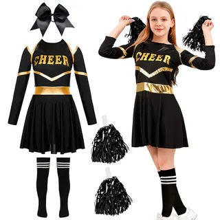 DUOLAM Cheerleader Kostüm Mädchen Kinder: Karneval Cheer Leader Uniform Outfits, Cheerleading Kleid mit Pompoms Socken für Karneval Halloween Faschings Kostüme Dress Up Fasching Party (160)