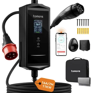 tomons Mobile Wallbox 11kw mit APP,Typ 2 Ladekabel 7M,3-Phasen 6-16A 400V CEE Stecker,2,4" LCD, IP65, Einstellbarer Ladeleistung&startzeit,für e Auto ID.3/4/5/7,Model Y/3,ENYAQ und Anderen PHEV/EV
