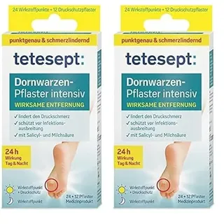 tetesept Dornwarzen Pflaster Intensiv – Dornwarzenpflaster zur wirksamen Entfernung – effektiv mit Milch- und Salicylsäure – 2x12 Wirkstoffpunkte + 12 Druckschutzpflaster (Packung mit 2)
