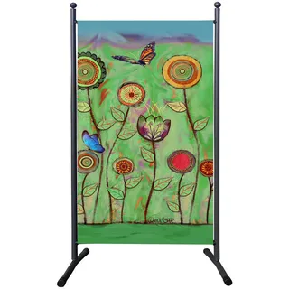 Quick Star Paravent Outdoor Wetterfest 180 x 78 cm Green Flowers | Raumteiler Stellwand Innen | Garten Balkon Sichtschutz Blickdicht
