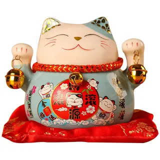 Jenngaoo Winkekatze Porzellan Blau, Glückskatze aus Keramik 11,4 cm, Maneki Neko Figur für Glück, Reichtum, Winke Katze, Japanische Deko für Geschäftseröffnung und Home-Deko