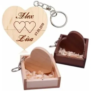 Personalisierte USB-Stick + Geschenkbox aus Holz massiv mit Gravur Wunschtext Herz Liebe Hochzeit Wunschgravur Speicherstick Flash Drive 32/64/128 GB 3.0 Geschenkidee individuell (Nussbaum, 128GB 3.0)
