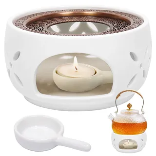 Stövchen, Stövchen für Teekanne, Stövchens Keramik, Stövchens Porzellan Weiß, Teekannen Porzellan, Kaffee,Tee oder Milch Erhitzen und Aufbewahren,Teekannestövchen mit Kork Kissen mit Kerzenhalter (B)