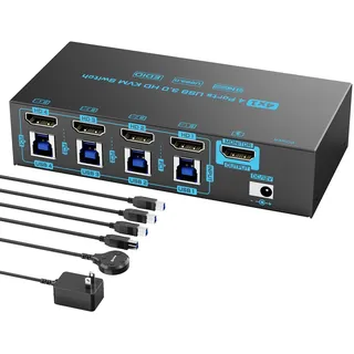 8K KVM Switch 4 PC 1 Monitor 4 Port HDMI 2.1 USB 3.0 8K@60Hz/4K@144Hz 4 Eingänge 1 Ausgang Tastatur/Maus KVM Switch EDID-Emulator für 4 PCs teilen Sie 1 Monitor & 4 USB-Geräte, mit 4 USB 3.0-Kabeln