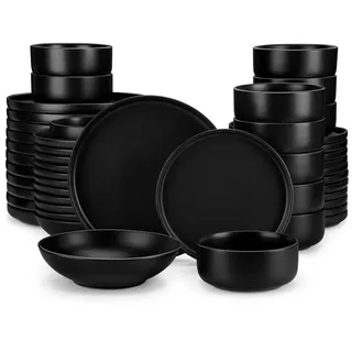 Tafelservice 12 Personen, vancasso PLAYA 48tlg Geschirrset aus Steingut, Teller Set Schwarz, Schalen Set, Suppenteller Set, Geschirr Kombiservice Matt