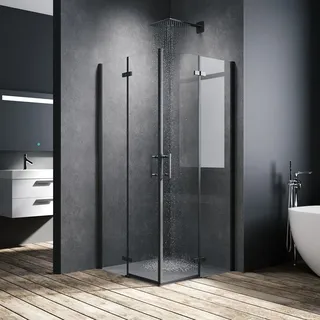 SONNI Schwarzes Duschabtrennung 100x100x195cm Pendeltür Falttür Eckdusche 6mm NANO Klarglas Drehfalttür Eckeinstieg Bad - Schwarz