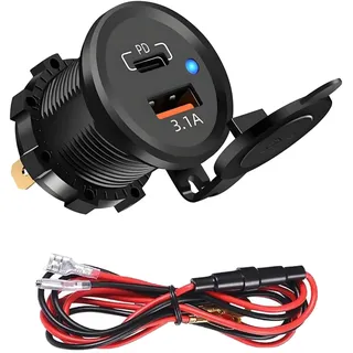 Leloco USB Steckdose 12V, 30W USB Einbausteckdose für Auto und Boot | 12V–24V, USB-C- und USB-A-Anschluss, Schutzkappe und 60-cm-Kabel; für Wohnmobil, LKW, Motorrad, Boot und Wohnwagen.