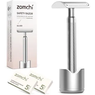 ZOMCHI Nassrasierer-Set für Damen & Herren – 10 Klingen mit Ständer | Professionelle Nassrasur | Zero Waste, plastikfrei & nachhaltig | Metall-Safety-Razor | Silber
