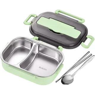 Thermo -Lunchbox mit Besteck, 1L 2 Fächer Edelstahl -Lunchbox mit Deckel, tragbarer Lebensmittelbehälter mit großer Kapazität für Schulbüro