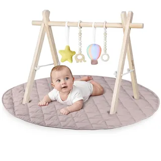 lionelo Anis Set Baby Gym mit klappbarem Holz-Spielbogen & abnehmbaren Spielzeugen, große 100 cm Krabbel- & Spieldecke aus Baumwolle, 2 cm weich & rutschfest, Montessori Spielmatte für Babys