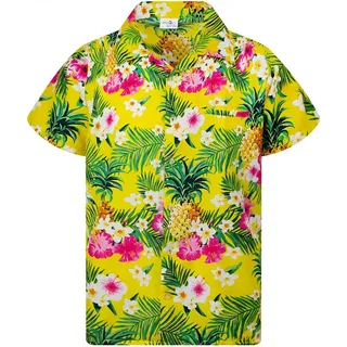 King Kameha Funky Hawaiihemd Kinder Jungen Mädchen Kurzarm Fronttasche Hawaii-Print Unisex Ananas Blätter Muster - 10 Jahre