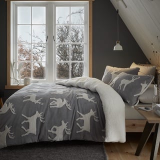 Catherine Lansfield Bedding Hirsch Sherpa Jacquard Super King Bettbezug-Set mit Kissenbezügen, Grau, Bettbezug-Set, Super-King-Size-Bettwäsche-Set