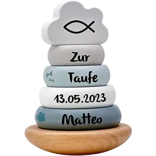 KIDSLINO Personalisierte Geschenke zur Taufe I außergewöhnliche Taufgeschenke für Jungen und Mädchen I Stapelturm blau als Taufgeschenk mit Name I niedliche Tauf Dekoration aus Holz