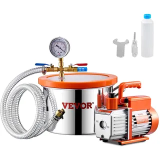 Vevor 5,68 L Vakuumkammer und 3,5 CFM Pumpe, Edelstahlkammer, 1-stufiges Vakuumpumpen-Entgasungskammerset, mit Acryldeckel, Öl, 1,5 m Schlauch, Vacuum Pump Kit zum Entgasen von Harz-Silikon-Epoxiden