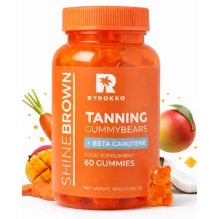 ByRokko Shine Brown Beta-Carotin Tanning Gummies – Vegane Bräunungsgummis für natürliche Bräune – Nahrungsergänzung mit Vitamin A und C – Fruchtiger Geschmack – 1 Monat Vorrat