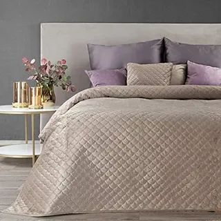 Eurofirany Weiche Tagesdecke Gesteppte Decke Ganzjährige Bettüberwurf Steppung Muster Samt Einfarbige Steppdecke Quilt (Ariel Beige, 220 X 240 cm)