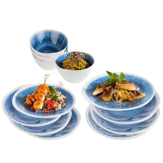 APS Geschirr-Set (12-tlg), 4 Personen, Melamin, Melamin Camping-Geschirr, Essgeschirr für 4 Personen, maritimes Design blau