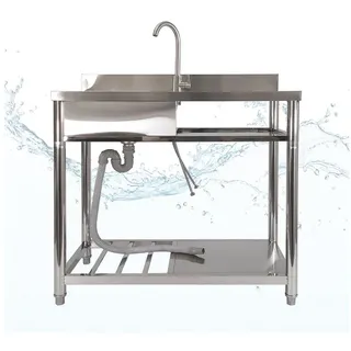 Lemodo Spültisch freistehend, Wasserhahn mit Kalt Warm Anschluss, Spülbecken Größe L