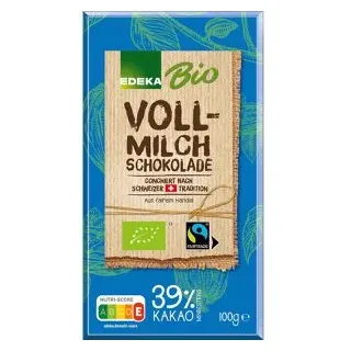 Edeka Tafelschokolade Vollmilchschokolade, BIO, 39% Kakaogehalt, Fairtrade, 100 g