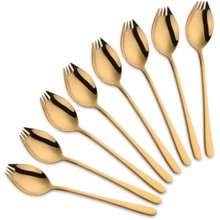 SBOMHS Spork Göffel mit messer wellenschliff Gold Edelstahl 8 Stück für Outdoor Camping Picknick 19CM Gabel Löffel 2 in 1