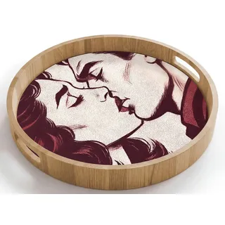OnlyWow Tablett Rund mit Henkel Kissen - Menschen - Retro - Bordeaux, Eichenholz, (1-tlg), Siervierplatte, Tray, Frühstücksbrett 40 cm x 40 cm x 5 cm