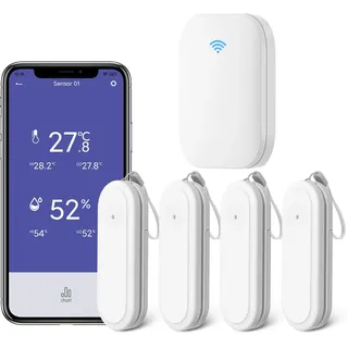 Onherm WiFi Thermo-Hygrometer 4 Raum mit Hub Mini, IP65 Luftfeuchtigkeit/Temperatur/100 m Regelbereich/absoluter Luftfeuchtigkeitssensor mit intelligenten Alarmen, für den Innen- und Außenbereich