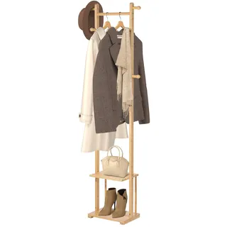 Todeco Garderobenständer aus Bambus, Kleiderständer schmal mit 6 Haken, 2 Ablagen für Kleidung Hüte Taschen Schuh, Jackenständer mit Kleiderstange für Flur Wohnzimmer Schlafzimmer