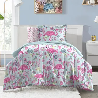 dream FACTORY Kids 7-Piece Complete Bed Set Leicht zu waschende, superweiche Mikrofaser-Bettwäsche, Rosa Flamingo, Full