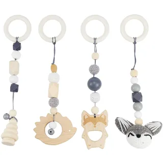 Spielbogen Baby Spielzeug ab 0 Monate 4 Stück Spielebogen Babies Toys Spielbögen Baby Gym Anhänger Holz für Mädchen Jungen Babyspielzeug für Babyschale Kinderwagen Autositz Spielzeug (Grau)