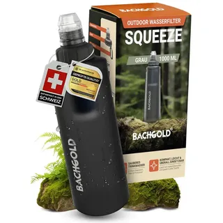 bachgold Bachgold® Squeeze Wasserfilter Outdoor – Ultraleichter Trinkwasserfilter mit Virus-Filtration für Camping, Survival, Notfall, Bushcraft | Filtert Viren, Bakterien & Mikroplastik (Grau, 1000ml)