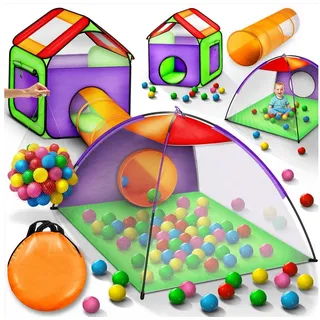 KIDUKU Spielzelt Kinderspielzelt Bällebad Pop Up + Krabbeltunnel + 200 Bälle + Tasche für drinnen und draußen bunt