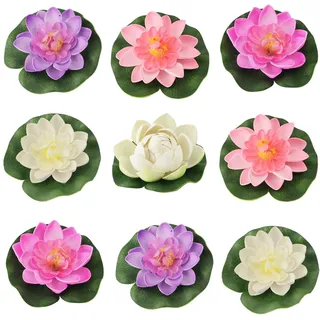 DINGFENG 9Stück Schwimmende Blumen Seerose Lotusblüte Seerosen Künstliche | Klein Seerose Blume Dekor, Schaum Teichrose Schwimmend Seerose, Lotusblüte für teich künstlich Aquarium Terrasse Garten Pool