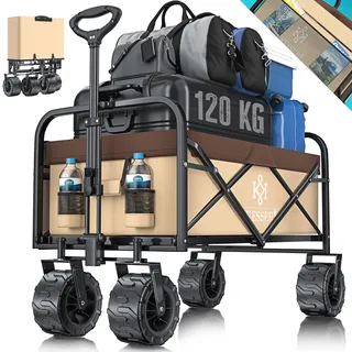 KESSER® Bollerwagen faltbar mit Breite Reifen Handwagen Transportkarre Gerätewagen, inkl. 2 Netztaschen & Seitentasche | klappbar | Vollgummi-Reifen | Transportwagen Gartenanhänger, Beige