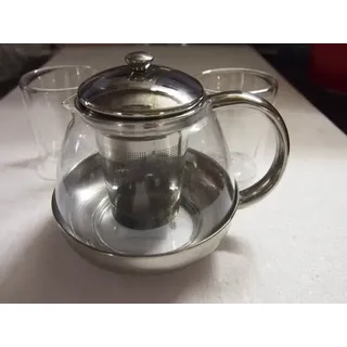 Teekanne mit Filtereinsatz/Kanne aus Glas/Deckel und Filtereinsatz aus rostfreiem Edelstahl für 0,750 Liter ++ 2 Teegläser Glas von James Premium 225ml mit Unterteller