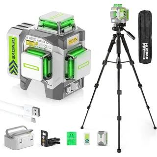Huepar Pro ZK03CG 3x360° grünes Linienlaser Level Set mit Stativ 50 Zoll, Selbstnivellierend, Akku & Fernbedienung, 3D Laser für Bau & Fliesen