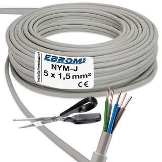 EBROM NYM-J 5x1,5 mm2 - Mantelleitung - Installationskabel - Feuchtraumkabel - grau - Auswahl in 1 Meter Schritten - Meterware auf den Meter genau - Ihre Auswahl: NYM-J 5x1,5 mm2, 45 Meter